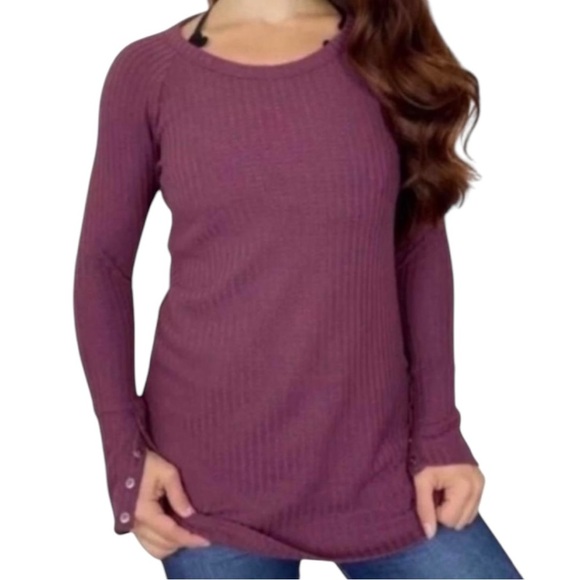 Chaser Tops - Chaser Waffle Thermal Long Sleeve Shirt Button Cuff Thumb Holes Burgundy Medium